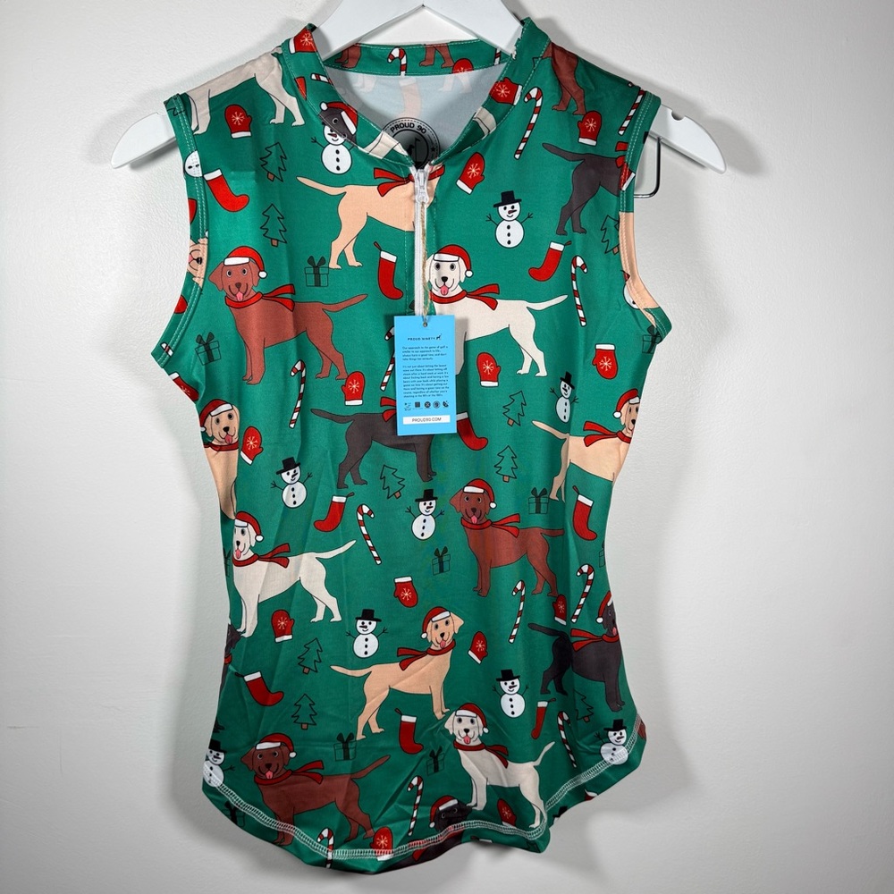 NWT Proud 90 Women’s Christmas Dog Print Sleeveless Golf Polo Top – Size Small